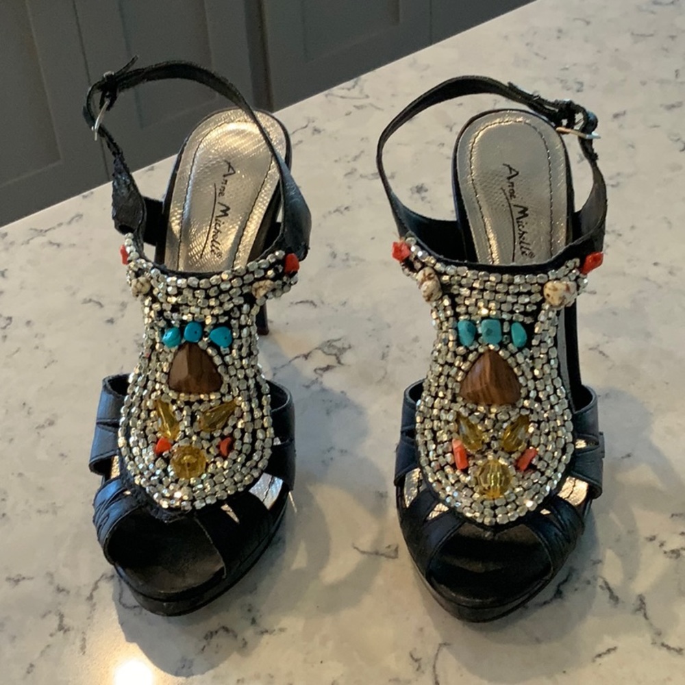 Anne Michelle black beaded high heels, size 8.5.